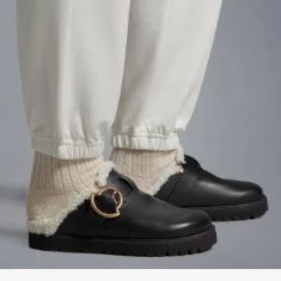 NWB Moncler Bell Mule Faux Shearling Lined Mules Flats Slip Ons Black Leather 41 - Picture 1 of 10